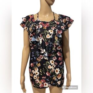 PARKER Womens Cold-shoulder Sleeves Ruffle Navy floral blouse/top Keyhole Back